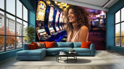 Happy young woman smiling near slot machines in a casino Wall mural