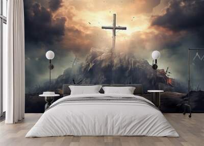 Holy cross symbolizing the death and resurrection of Jesus Christ with the sky over Golgotha Hill is shrouded in light and clouds. Apocalypse concept. Wall mural