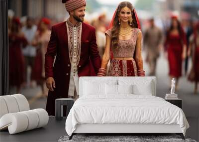 Indian groom dressed in white Sherwani and red hat with stunning bride in red lehenga stand and hold each hands walking outside Wall mural