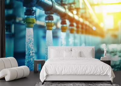 Industrial water purification system with multiple streams of clean water flowing through pipes in a modern facility, sunlight in the background. Wall mural