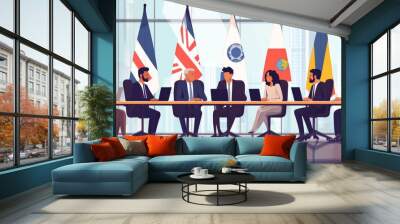 International business meeting with professionals discussing strategy in a conference room with various national flags. Wall mural