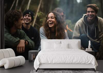 Joyous group of millennials laughing and bonding around a campfire, embodying friendship and fun during a wilderness camping adventure Wall mural