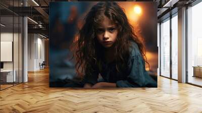 little girl crying from resentment. Psychological help for children concept. Wall mural