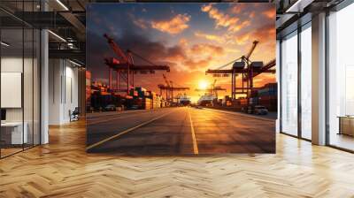 Logistics and transportation of cargo container ship with crane bridge working in shipyard at sunrise, import logistics and shipping industry background Wall mural