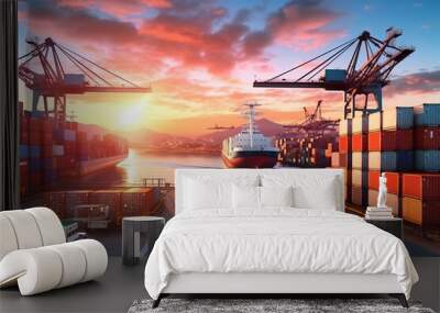 Logistics and transportation of Container Cargo ship and Cargo plane with working crane bridge in shipyard at sunrise, logistic import export and transport industry background Wall mural