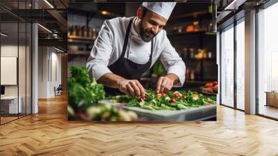 Male chef preparing vegetable vegetarian dish at a professional kitchen Wall mural