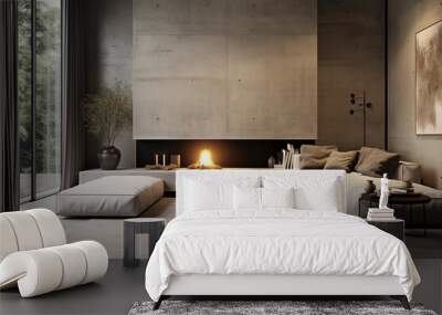 Minimalist style interior design of modern living room with fireplace and concrete walls Wall mural