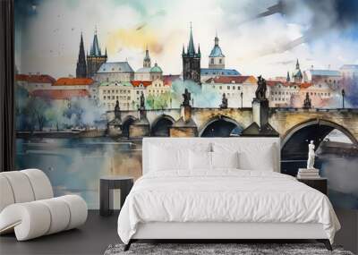 Prague in watercolor painting Wall mural