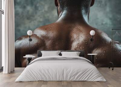 Rear view of a muscular male back, glistening with sweat, showcasing strength and fitness against a dark background. Wall mural