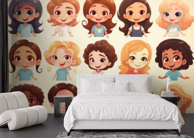 Set happy smiling faces of kids. Happy child girls expressing different positive emotions Wall mural