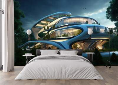 Set of a glass office building, futuristic architecture. Wall mural