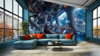 Space station interior with astronauts and holographic technology, zero gravity, high-tech equipment, panoramic windows showing stars Wall mural