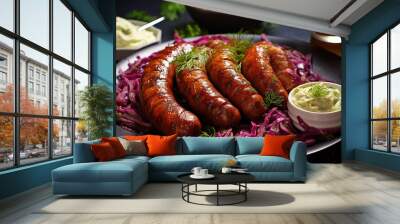 super delicious plated dish of steaming merguez sausages, with sliced cabbage and pickles on the side, served in a plate, barbecue style Wall mural