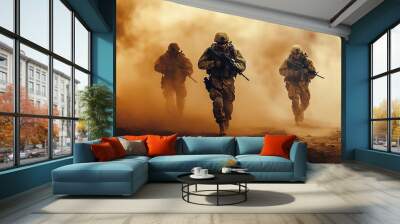 Three soldiers in tactical gear run through a dusty battlefield, creating an intense and dramatic scene with a sense of urgency and action. Wall mural