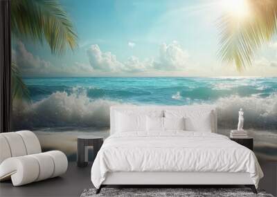 Tropical beach with palm trees, turquoise ocean waves, and a bright sunny sky, perfect for a relaxing summer vacation. Wall mural