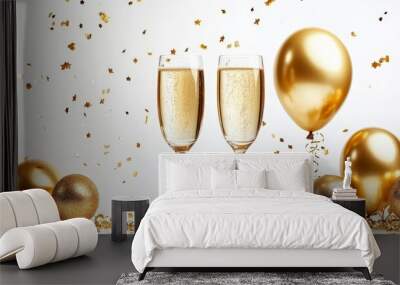 Two champagne glasses with golden balloons and confetti. Perfect for celebrations, parties, and festive occasions. Elegant and sparkling atmosphere. Wall mural