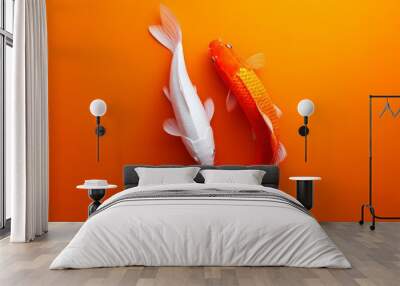 Two vibrant koi fish, one white and one orange, swim gracefully in clear water against a vivid orange background, symbolizing balance and harmony. Wall mural