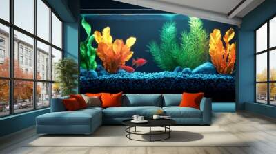 Vibrant aquarium with green plants, colorful fish, and rocks in crystal-clear water creating a peaceful underwater scene. Wall mural