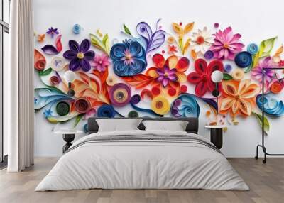 Vibrant quilled paper flowers in various colors on a white background. Stunning detailed floral arrangement showcasing intricate craftsmanship. Wall mural