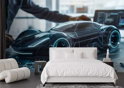 Zoomed-in image of an automotive engineer's hand sketching a concept car design, futuristic elements included Wall mural