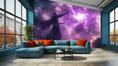 A cloaked figure with outstretched arms, casting a spell with glowing purple energy against a cosmic backdrop. Wall mural