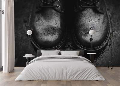 A pair of black leather boots with laces, wet from the rain. Wall mural