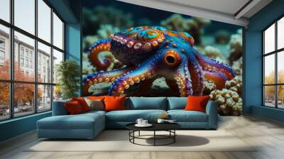 A vibrant blue, orange and purple octopus with large, round eyes sits on a sandy seabed with coral reef in the background. Wall mural