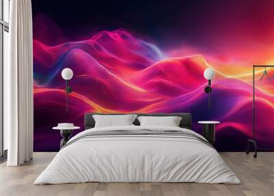 Abstract digital art of neon glowing waves in shades of pink, blue, and orange on a dark background. Wall mural