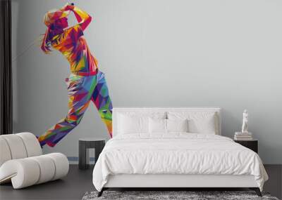 Colorful geometric shape illustration of golf player after hitting the ball Wall mural