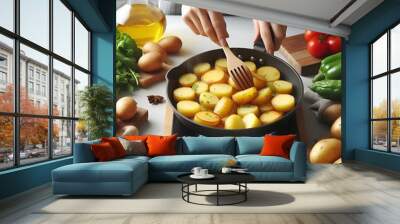 A person cooking golden brown potato slices in a frying pan with fresh vegetables and spices Wall mural