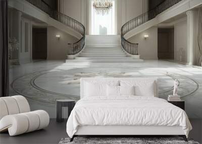 Elegant marble floor with intricate design in a grand foyer with two staircases and a large window. Wall mural