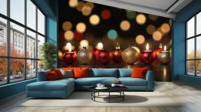 Festive Christmas ornaments and candles with bokeh lights in the background. Wall mural