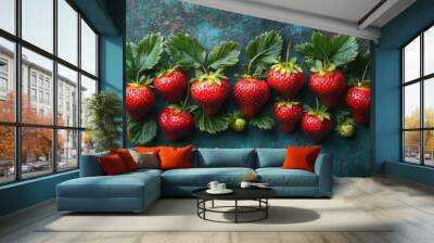 Fresh Red Strawberries on a Rustic Blue Background Wall mural