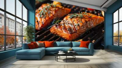 photo grilled salmon fish with various vegetables delicious Wall mural