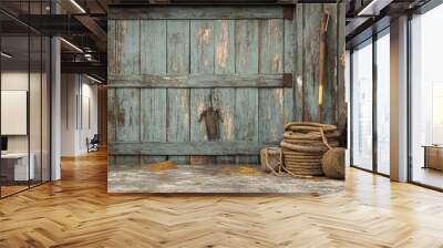 Rustic wooden wall with old tools and rope, perfect for a vintage or western themed background. Wall mural