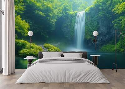 Serene Waterfall in Lush Forest Wall mural