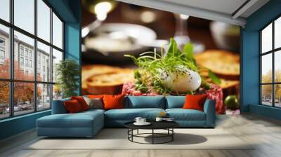 Tartare on toast with egg and micro-greenery sprouts Wall mural