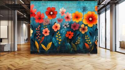 Vibrant Floral Mural on a Blue Wall Wall mural