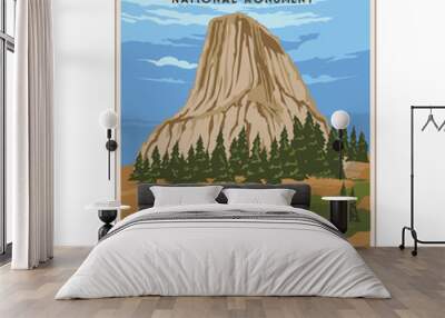 Vintage poster of Devils tower national park vector illustration design Wall mural