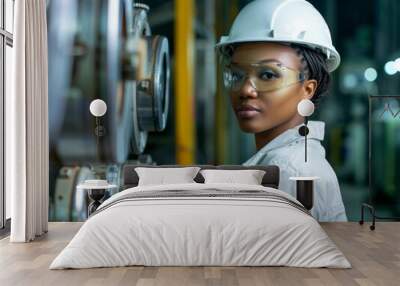 woman in hard hat and safety glasses at industrial site Wall mural