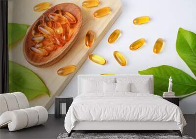 Fish oil capsules with omega 3, omega 9, vitamin D, vitamin E, Cod liver oil, evening primrose oil, borage Wall mural