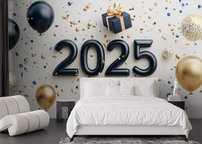 2025 dark blue and golden New Year celebration concept with balloons, presents and confetti Wall mural