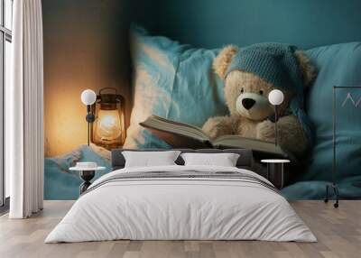 teddy bear reading a book in the bed Wall mural