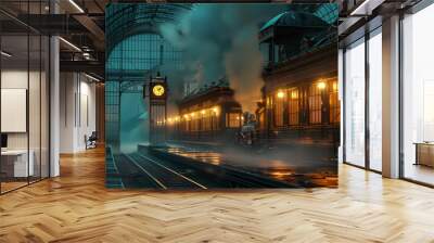 Cinematic Rails: A Stunning Illustration of a Train with Dramatic Lighting Wall mural