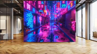 Neon Signs and Lights Reflecting on Wet Street in Urban City Setting Wall mural