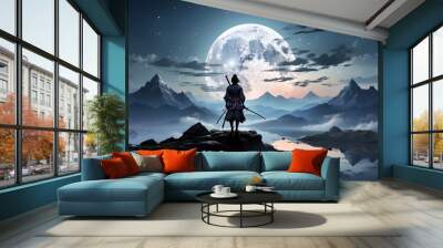 sillhouette of samurai girl look at full moon Wall mural