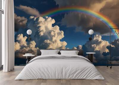 a rainbow arching across a bright sky, surrounded by soft, fluffy clouds Wall mural