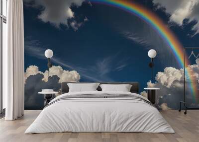 a rainbow arching across a bright sky, surrounded by soft, fluffy clouds Wall mural