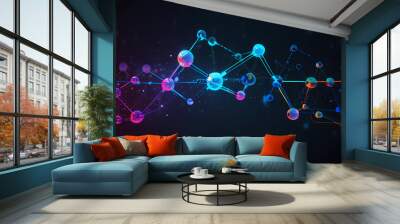 abstract background of interconnected molecules in vibrant, neon colors, with particles floating in a dark space Wall mural