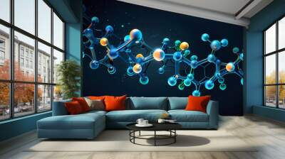 abstract background representing molecular structures in chemistry, featuring interconnected glowing atoms and swirling chemical bonds against a deep blue gradient  Wall mural